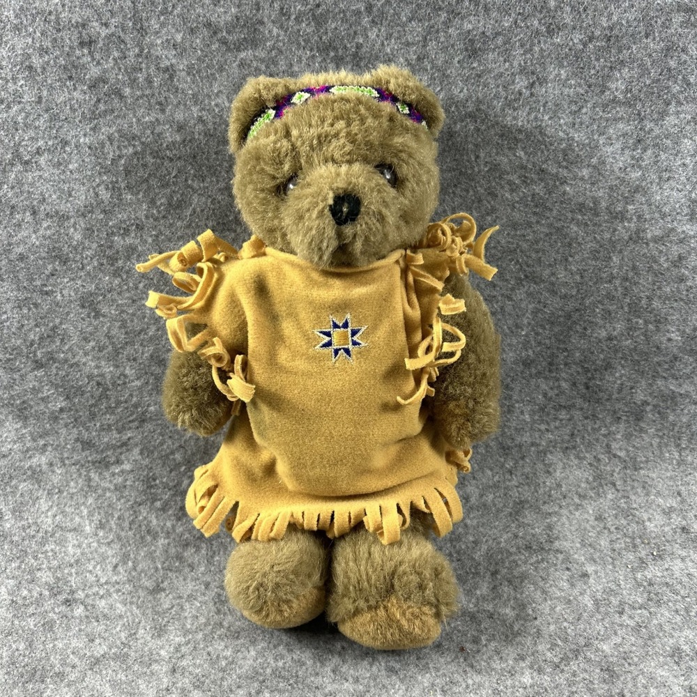 Unbranded‎ Indigenous Style Plush Bear 11in Brown Fringed Tunic Star Detail